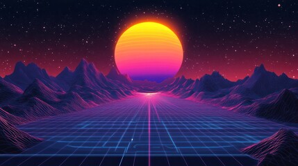 Retro sunset over grid landscape, futuristic scene