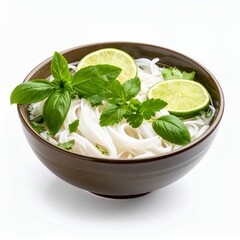 Elegant rice noodles soup with fresh herbs and lime slices presentation on white background