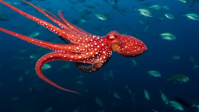 Red Octopus Swimming with Fish School - A vibrant red octopus with white spots gracefully glides through a large school of silver fish in a deep blue ocean.
