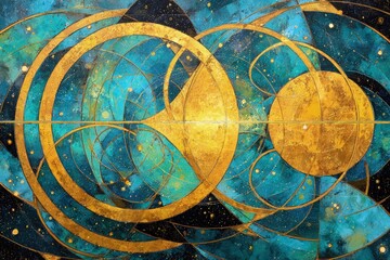 Abstract Geometric Design With Golden Teal Circles