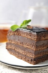 Piece of chocolate cake served with mint on table, closeup