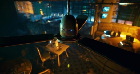 A ceiling fan rotates gently in a dimly lit cafe filled with warm light and scattered tables. The ambiance reflects a cozy evening gathering with soft shadows.