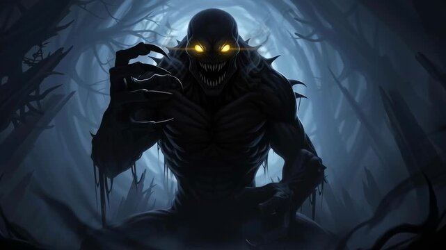 Scary monster with glowing eyes emerging from dark creepy forest, spooky nightmare creature for horror concept, animation.