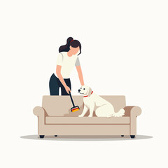 Young woman cleaning dog hair from sofa with a lint roller at home  