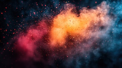 Vivid dust cloud with bright red, orange, and blue particles on black