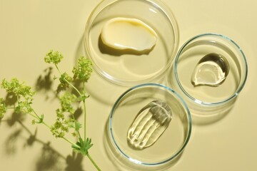 Different cosmetic products in Petri dishes and floral decor on pale yellow background, flat lay