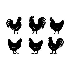 Collection of black silhouettes of roosters and hens against a light background