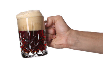 Man with glass mug of tasty beer on white background, closeup
