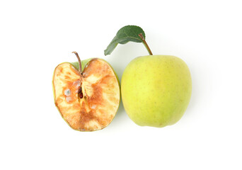 Spoiled and good apples isolated on white, top view