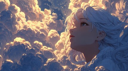 Radiant anime angel heavenly clouds floating overhead divine illumination casting rays upon her face