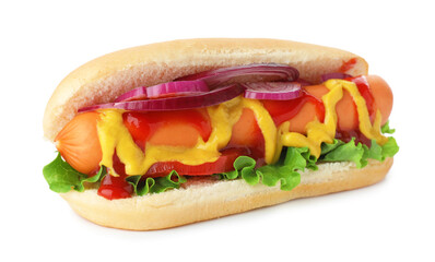 Tasty hot dog with tomato, onion, lettuce, ketchup and mustard isolated on white