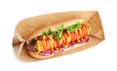 Tasty hot dog with vegetables, mustard and ketchup isolated on white