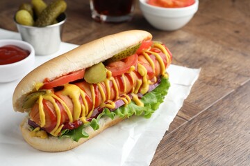 Tasty hot dog with vegetables, mustard and ketchup on wooden table, closeup. Space for text