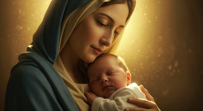 Close-up of Mary’s peaceful face as she lovingly gazes at the infant Jesus in her arms, warm lighting highlighting the tenderness of the moment.
