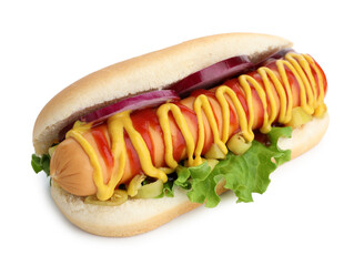 Delicious hot dog with sauces, lettuce, onion and jalapeno isolated on white