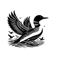 Black and white graphic illustration of a loon taking flight from water.