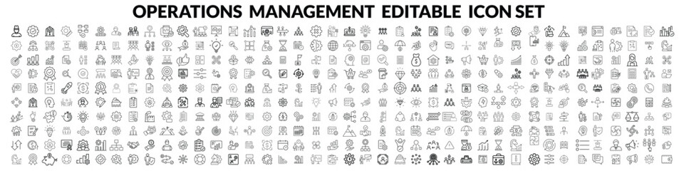 Operations management Editable Stroke icon collections. Containing production, logistics, supply chain, manufacturing, planning, inventory, strategy, customer satisfaction and cost icons