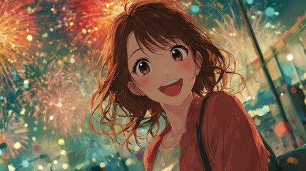 Adorable anime cutie colorful fireworks display festive celebration theme