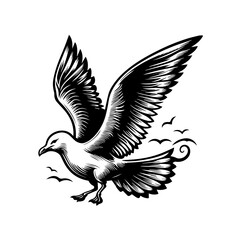 Obraz premium Elegant flying seagull in a vintage woodcut illustration style.