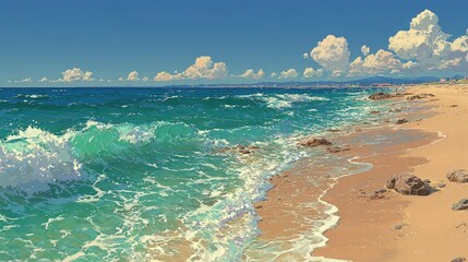 Delightful anime sweetheart tranquil beach setting calming waves gently crashing ashore