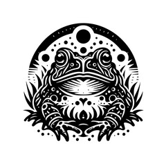 Intricate black and white tribal frog illustration.