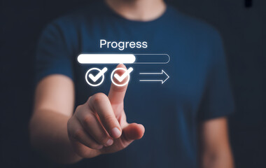 Progress visualization concept: a person interacts with a digital progress bar indicating stages of achievement. This image captures the essence of advancement, strategic planning.