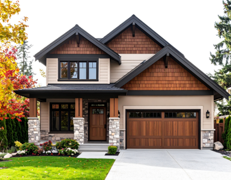 suburban house with front porch and garage, transparent background - Powered by Adobe