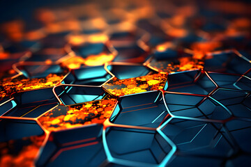 Geometric patterns with glowing colors in a digital abstract design featuring hexagonal shapes