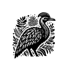 Fototapeta premium Stylized Black and White Bird with Foliage Design.