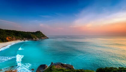 Fototapeta premium serene coastline at dusk a blend of turquoise waters and gentle sunset hues
