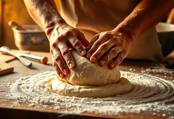 Warm, rustic kitchen scene with a baker kneading dough