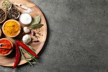 Different aromatic spices on grey table, top view. Space for text