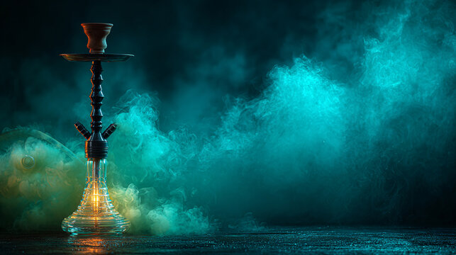 Elegant shisha pipe with mystical teal smoke and dramatic lighting on dark reflective surface