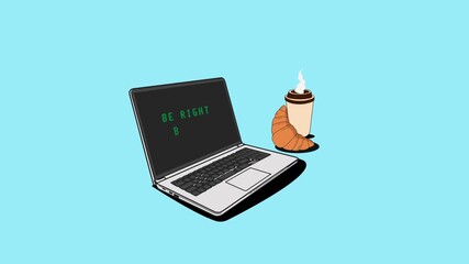 Be right back text animated screen with Laptop and a bottle of coffee. Media overlay for stream, streaming countdown, opener video for live broadcast, intros, social media, vtuber