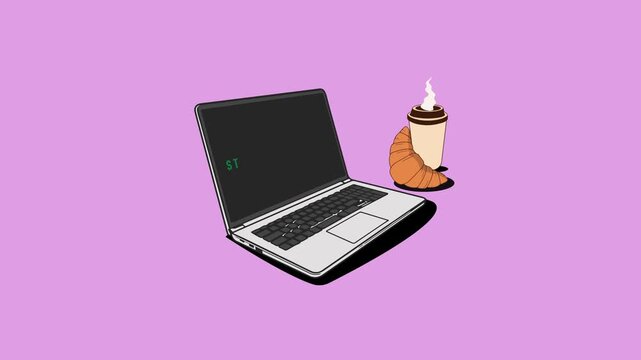 Stream starting soon text animation with laptop, a bottle of coffee in magenta background. Cozy lo fi streaming countdown opener video for live broadcast, intros, social media
