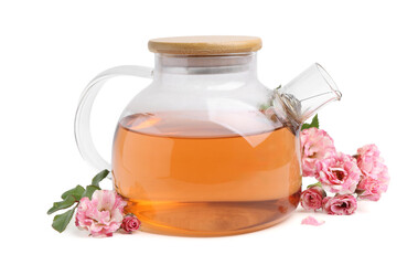 Tasty rose tea in glass teapot, flowers and leaves isolated on white