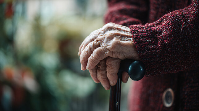 Close up of elderly woman s wrinkled hands resting on a cane with a blurred background