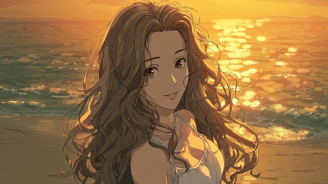 Anime beauty with long wavy hair sunset beach background golden hour lighting warm and serene vibes