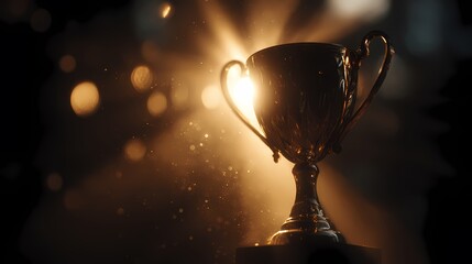 Golden trophy shines against dark background. Illustrates victory, achievement, success. Good for marketing, web design, and editorial use.