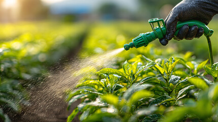 Farmer spraying pesticide on crops in a field during golden hour sunlight