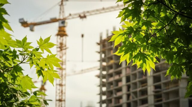Green Construction: Sustainable Building and Nature - Lush green maple leaves frame a construction site in the background, emphasizing the importance of sustainable building practices and preserving