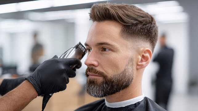 Skilled barber using electric clippers to fade a man s hair in a modern barbershop