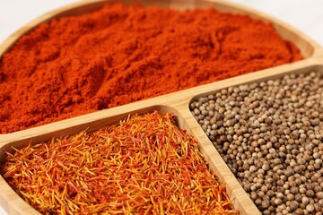 Different aromatic spices on table, closeup view