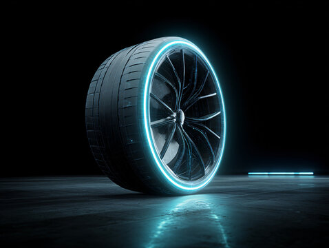 Futuristic glowing neon blue sports car wheel and tire on a dark reflective surface