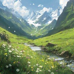 Alpine Meadow Valley With Stream And Snow Capped Mountains