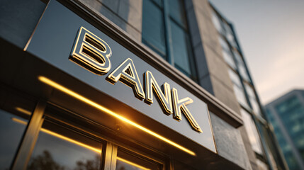 Modern bank building exterior with illuminated signage and reflective glass facade