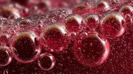 Macro photography of red molecules of a substance under a microscope