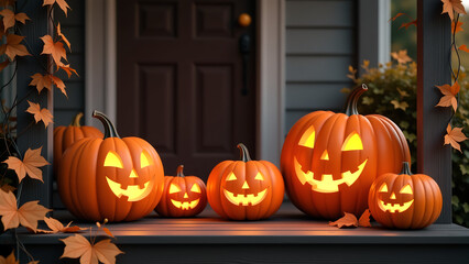 Fototapeta premium cluster intricately carved pumpkins warm golden faces sit rustic wooden porch surrounded tangled vines autumn leaves