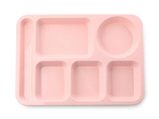 Empty plastic tray isolated on white, top view. School lunch