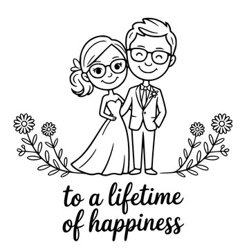 Romantic Union: A charming illustration captures a newly married couple embraced in the tender moment, surrounded by the promise of lasting love and unity, embodying the joy of forever